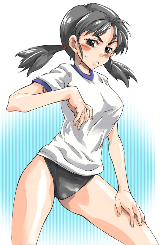 watage (tondeke watage), original, 1girl, black hair, blush, breasts, buruma, covered erect nipples, female focus, gym uniform, large breasts, purple eyes, solo, thighs, twintails