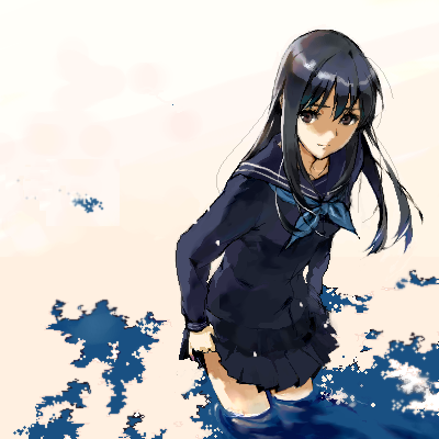 ie (mochi), mako-hime, princess mako, real life, lowres, 1girl, black eyes, black hair, blue serafuku, clothes lift, cowboy shot, female focus, long hair, oekaki, outdoors, pleated skirt, real life insert, school uniform, serafuku, skirt, skirt hold, skirt lift, smile, solo, standing, thighhighs, wading, water