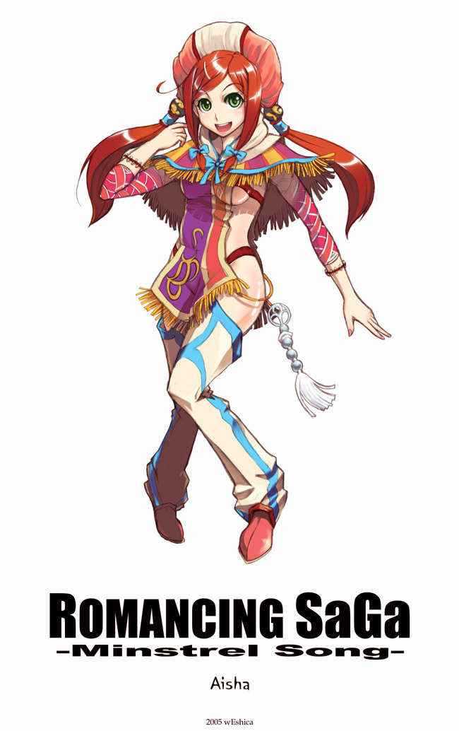 aisha (romancing saga), aisha (saga), romancing saga, romancing saga minstrel song, saga, square enix, 00s, 1girl, 2005, ahoge, blush, breasts, chaps, character name, copyright name, female focus, green eyes, happy, hat, long hair, naked tabard, no bra, panties, red hair, red panties, ribbon, sideboob, solo, tabard, twintails, underwear, white background