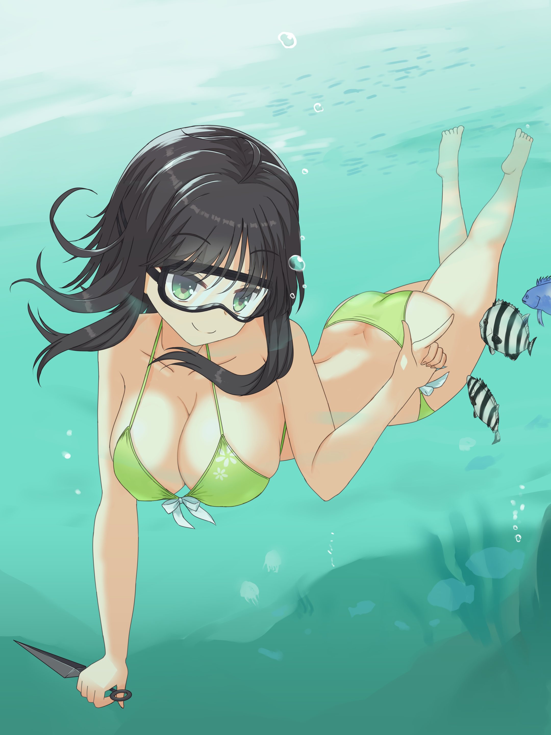 shirayamakoma, hitachi mako, senren banka, absurdres, commentary request, highres, 1girl, ahoge, air bubble, alternate costume, ass, back, bare arms, bare legs, barefoot, bikini, bow, bow bikini, breasts, bubble, cleavage, closed mouth, collarbone, dimples of venus, diving, eyes visible through hair, floating hair, floral print bikini, foreshortening, full body, goggles, green bikini, green eyes, hair between eyes, halterneck, hand up, holding, holding kunai, holding weapon, index finger raised, kunai, large breasts, looking at animal, medium hair, sidelocks, skindentation, smile, solo, split mouth, submerged, swim goggles, swimming, swimsuit, tropical fish, underwater, water, weapon, white bow