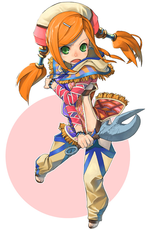 aisha (romancing saga), aisha (saga), romancing saga, romancing saga minstrel song, saga, square enix, 1girl, blush, bottomless, bracelet, chaps, covering privates, embarrassed, female focus, full body, green eyes, hair ornament, hairclip, hat, jewelry, long hair, open mouth, orange hair, pussy, sandals, solo, twintails, uncensored, weapon