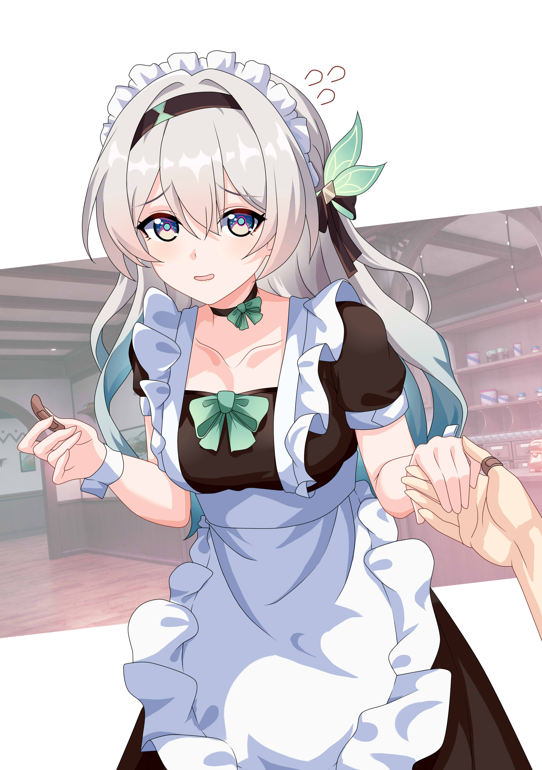 maxwelzy, firefly (honkai: star rail), honkai: star rail, honkai (series), absurdres, commentary, highres, 1girl, alternate costume, apron, bandaid, bandaid on finger, black dress, black hairband, blue eyes, breasts, collarbone, dress, enmaided, flying sweatdrops, gradient hair, green hair, green pupils, grey hair, hair between eyes, hairband, holding bandaid, light blush, long hair, looking at viewer, maid, maid headdress, medium breasts, multicolored eyes, multicolored hair, parted lips, pov, pov hands, short sleeves, smile, solo focus, two-tone eyes, yellow eyes