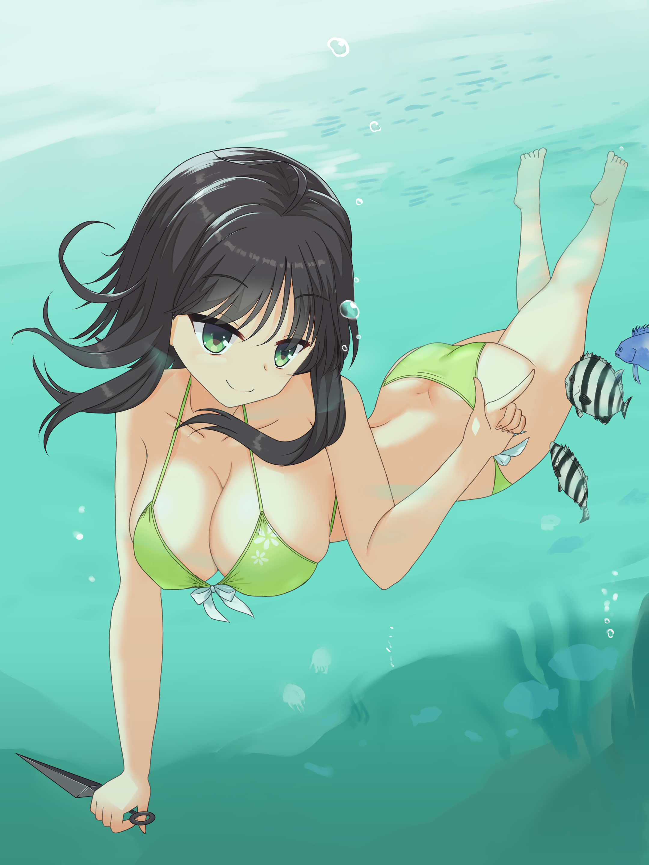 shirayamakoma, hitachi mako, senren banka, absurdres, commentary request, highres, 1girl, ahoge, air bubble, alternate costume, ass, back, bare arms, bare legs, barefoot, bikini, bow, bow bikini, breasts, bubble, cleavage, closed mouth, collarbone, dimples of venus, diving, eyes visible through hair, floating hair, floral print bikini, foreshortening, full body, green bikini, green eyes, hair between eyes, halterneck, hand up, holding, holding kunai, holding weapon, index finger raised, kunai, large breasts, looking at animal, medium hair, sidelocks, skindentation, smile, solo, split mouth, submerged, swimming, swimsuit, tropical fish, tsurime, underwater, water, weapon, white bow