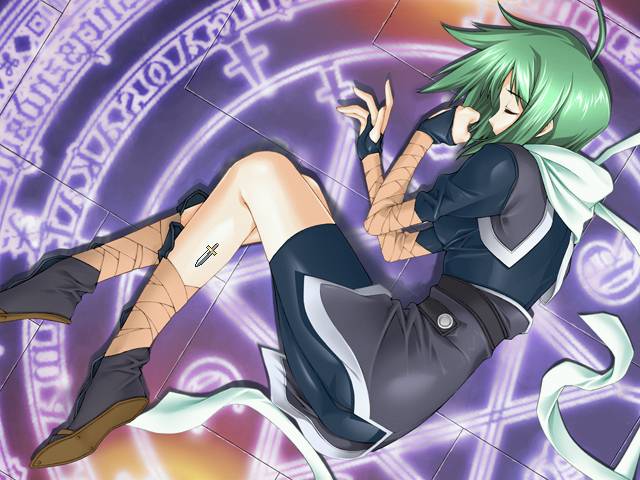 kikuchi seiji, hiiragi kaede, duel savior, screencap, game cg, 1girl, bandages, bike shorts, bridal gauntlets, closed eyes, female focus, lying, magic circle, on side, ribbon, short hair, sleeping, solo