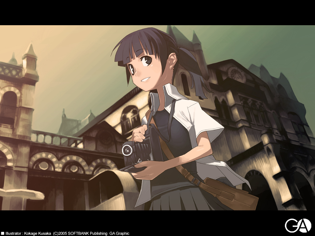 kusaka kokage, gagraphic, 1girl, bag, bellows camera, black eyes, black hair, building, camera, female focus, letterboxed, ponytail, solo