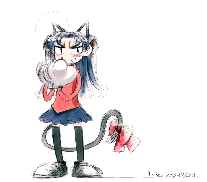 mike156, tohsaka rin, fate/stay night, fate (series), 00s, 1girl, :3, animal ears, black thighhighs, cat ears, cat tail, female focus, solo, tail, thighhighs, turtleneck