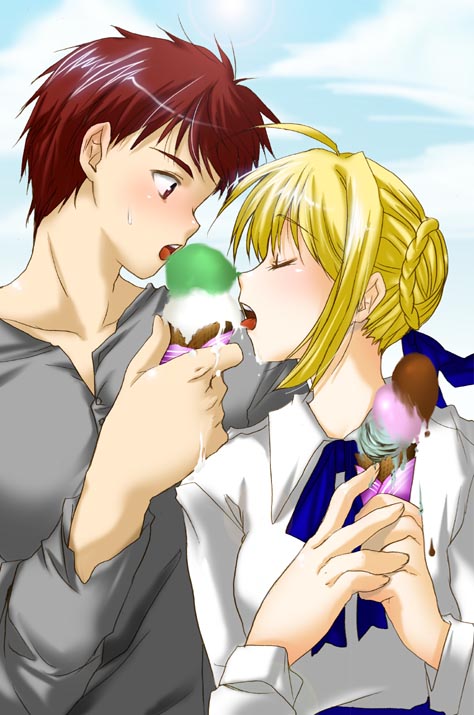 mikami mika, artoria pendragon (fate), emiya shirou, saber (fate), fate/stay night, fate (series), 00s, 1boy, 1girl, ahoge, blonde hair, blouse, blush, couple, food, hetero, ice cream, ribbon, shirt