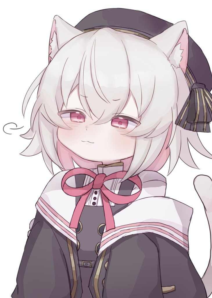 sayo (voicevox), voicevox, commentary request, 1girl, :3, animal ear fluff, animal ears, arazan (ara arazan24), beret, black hat, black jacket, blush, cat ears, cat girl, closed mouth, dress, hat, jacket, jacket partially removed, long sleeves, looking at viewer, neck ribbon, pinafore dress, pink eyes, pink ribbon, ribbon, short hair, sleeveless, sleeveless dress, solo, tail, upper body, white background, white hair
