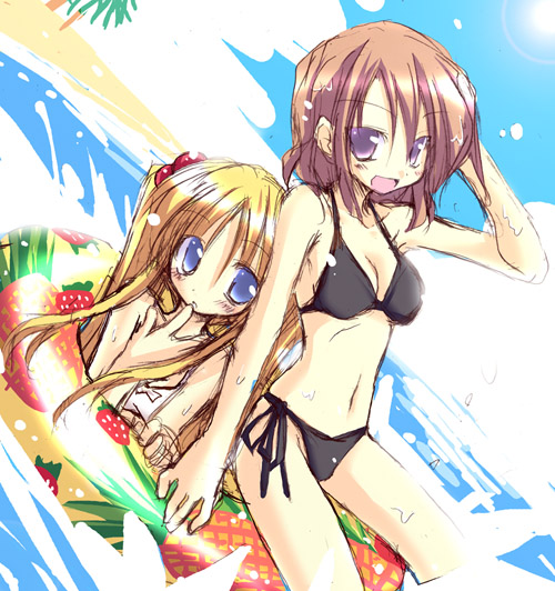 satou kibi, original, 2girls, :d, beach, bikini, blonde hair, blue eyes, brown hair, day, innertube, long hair, multiple girls, open mouth, purple eyes, short hair, side-tie bikini bottom, sketch, smile, swim ring, swimsuit, tsurime, twintails