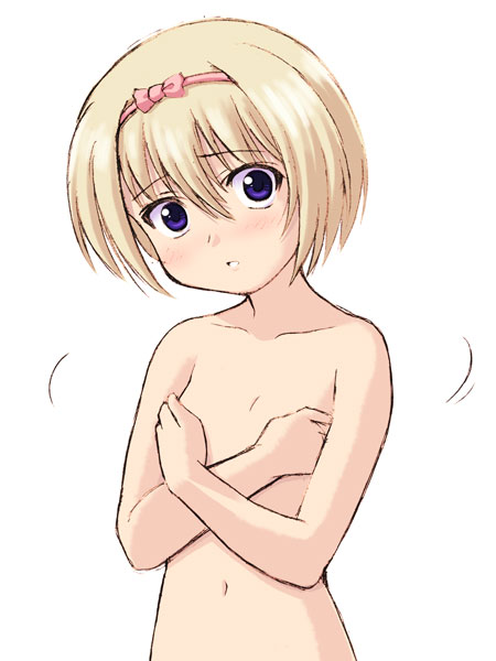 chaccu, original, breast hold, 1girl, blue eyes, breasts, completely nude, covering breasts, covering privates, female focus, flat chest, hair between eyes, hairband, head tilt, nude, short hair, simple background, solo, white background