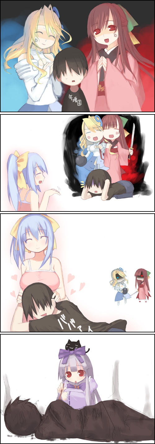 kashiwamochi yomogi, 3.1-tan, 95-tan, nt-tan, os9, os-tan, light purple hair, highres, 1boy, 4girls, 4koma, ^^^, ^ ^, anger vein, angry, aura, black hair, blonde hair, blue hair, bow, breasts, burnt, camisole, cat, closed eyes, comforting, comic, dark aura, faceless, hair bow, hair ornament, hairclip, happy, hug, japanese clothes, katana, kimono, large breasts, long hair, multiple girls, obi, object on head, poking, ponytail, red eyes, sash, shaded face, short hair, silent comic, smile, smoke, squatting, stick, sword, very long hair, weapon, you gonna get raped