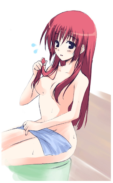 yoi (yoihome), shirakawa kotori, da capo, da capo i, 00s, 1girl, bath, censored, convenient censoring, female focus, hair censor, hair over breasts, long hair, red hair, sitting, solo, towel