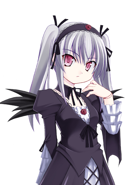 atsushima you, suigintou, rozen maiden, silver hair, 00s, 1girl, bow, detached collar, doll joints, dress, female focus, hair bow, joints, lolita fashion, long hair, pale skin, pink eyes, simple background, solo, twintails, white background