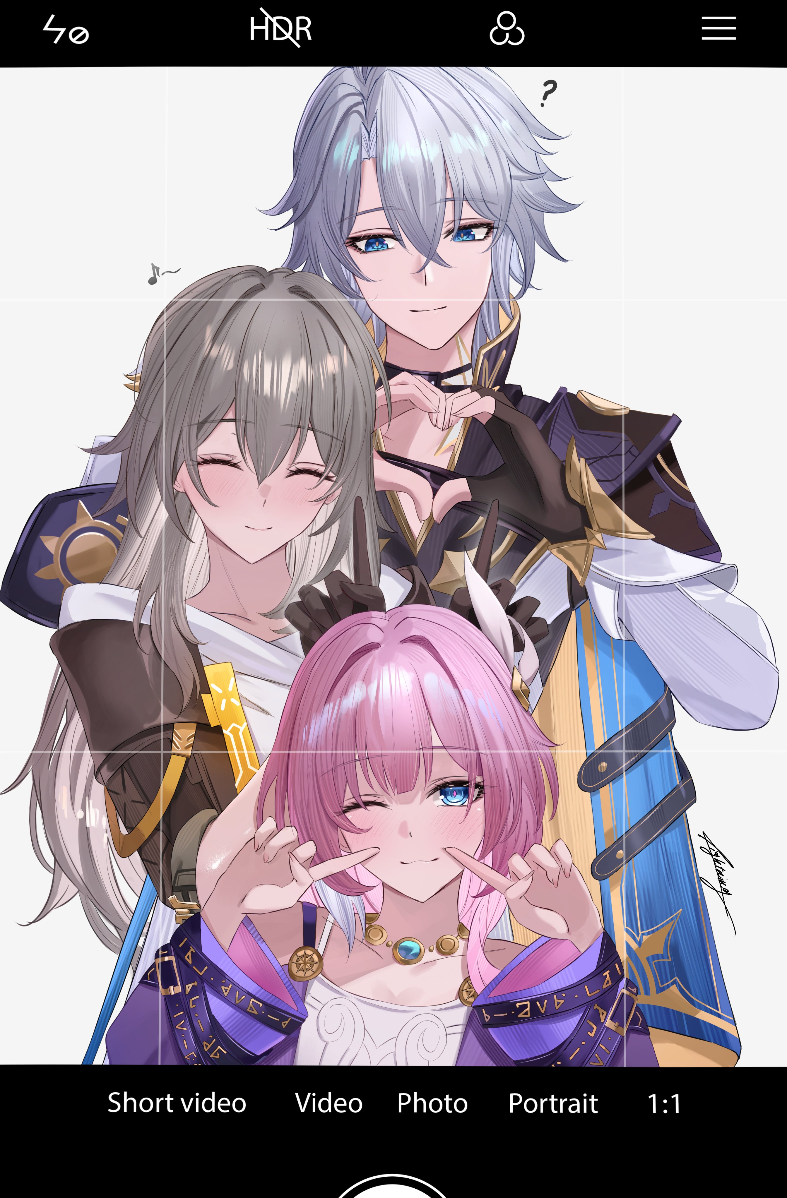 miya-chan (lightning0730), cyrene (honkai: star rail), phainon (honkai: star rail), stelle (honkai: star rail), trailblazer (honkai: star rail), honkai: star rail, honkai (series), absurdres, commentary request, highres, 1boy, 2girls, ?, bare shoulders, black gloves, black jacket, blue eyes, breasts, coat, dress, fake phone screenshot, fake screenshot, fingerless gloves, gloves, grey hair, heart, heart hands, jacket, jewelry, long hair, multicolored hair, multiple girls, necklace, pink hair, pointing, pointing at self, purple coat, shirt, short hair, small breasts, smile, two-tone hair, white coat, white dress, white hair, white shirt