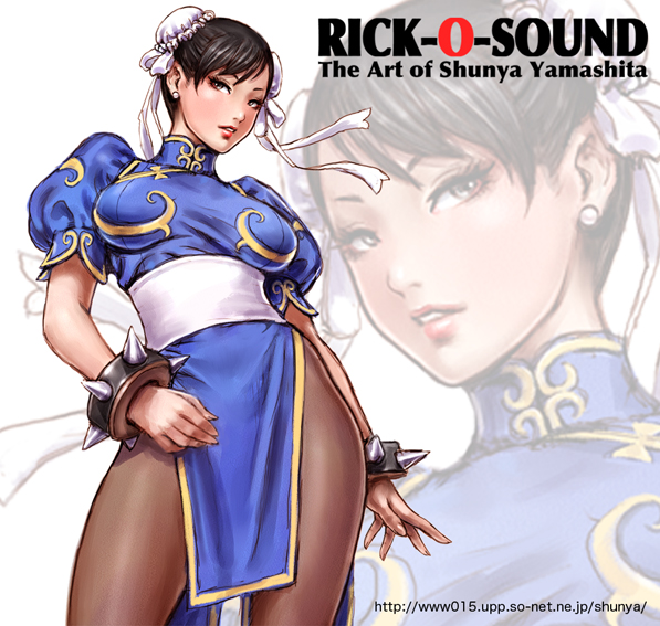 rick-o-sound, yamashita shun'ya, chun-li, capcom, street fighter, 1girl, bun cover, china dress, chinese clothes, double bun, dress, earrings, eyeshadow, female focus, hair bun, jewelry, makeup, pantyhose, pelvic curtain, solo, stud earrings, zoom layer