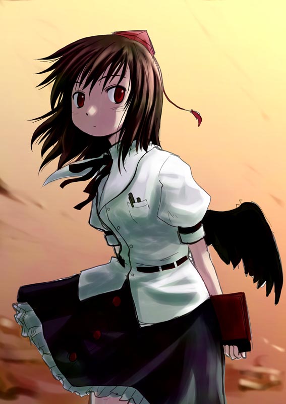 haniwa, haniwa (leaf garden), shameimaru aya, touhou, looking away, 1girl, :o, arms behind back, black wings, bow, bowtie, brown hair, dress shirt, female focus, frilled skirt, frills, hat, leaning forward, miniskirt, notepad, outdoors, pen, pocket, red eyes, shirt, skirt, sky, solo, sunset, tokin hat, wings