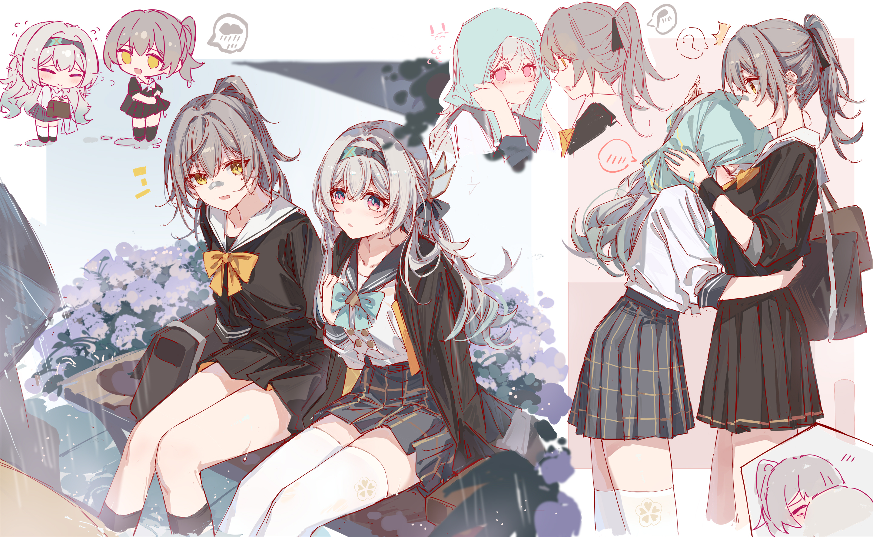 yajuu, firefly (honkai: star rail), firefly (spring missive) (honkai: star rail), stelle (honkai: star rail), trailblazer (honkai: star rail), honkai: star rail, honkai (series), highres, 2girls, alternate costume, alternate hairstyle, bag, bandaid, bandaid on face, black sailor collar, black skirt, black socks, blush, bow, chibi, closed eyes, closed mouth, green bow, grey hair, hair ornament, hairband, kneehighs, long hair, looking at another, multicolored eyes, multiple girls, multiple views, official alternate costume, ponytail, rain, sailor collar, school bag, school uniform, shirt, simple background, sitting, skirt, sleeves rolled up, smile, socks, spoken blush, standing, thighhighs, white sailor collar, white shirt, white thighhighs, yellow bow, yellow eyes, zettai ryouiki