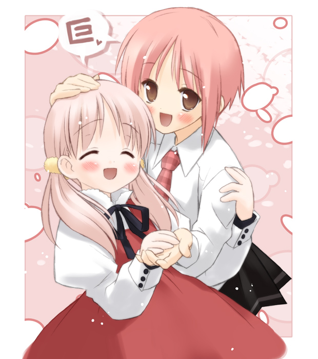 eretto, akino momiji, kiriyama sakura, sakura musubi, 2girls, closed eyes, hand on another's head, happy, holding hands, long hair, multiple girls, necktie, pink hair, shirt, short hair, smile, twintails