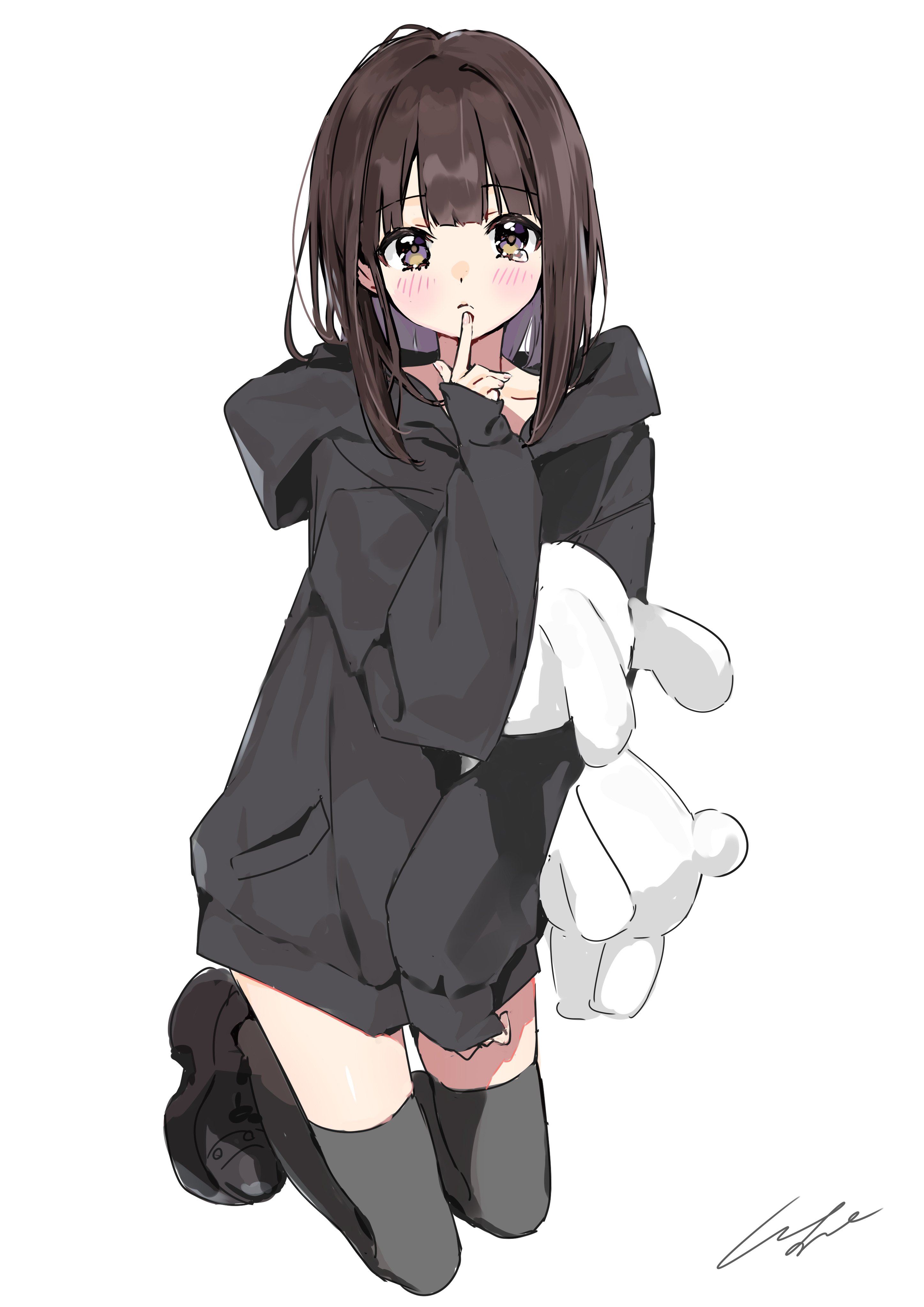 pomu (joynet), nanase kurumi (menhera-chan), original, absurdres, commentary, highres, symbol-only commentary, 1girl, black hoodie, black shoes, black thighhighs, blush, brown hair, full body, hand up, holding, holding stuffed toy, hood, hood down, hoodie, index finger raised, kneeling, long hair, looking at viewer, pout, shoes, signature, sleeves past wrists, solo, stuffed animal, stuffed rabbit, stuffed toy, tearing up, thighhighs, yellow eyes