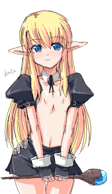 onija tarou, lineage, 1girl, blonde hair, blue eyes, cowboy shot, detached collar, detached sleeves, elf, female focus, flat chest, inverted nipples, long hair, nipples, oekaki, pointy ears, simple background, smile, solo, topless female, very long hair, white background