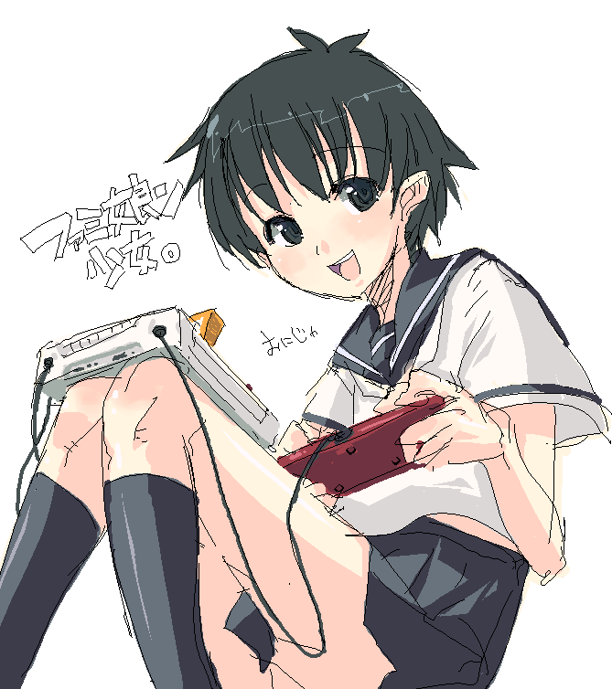 onija tarou, nes, 1girl, famicom, female focus, game console, oekaki, playing games, school uniform, serafuku, skirt, solo, video game