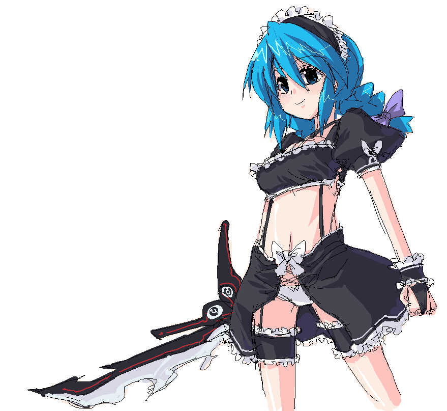 onija tarou, original, 1girl, bow, bow panties, female focus, goth fashion, maid, oekaki, panties, simple background, solo, sword, underwear, weapon, white panties
