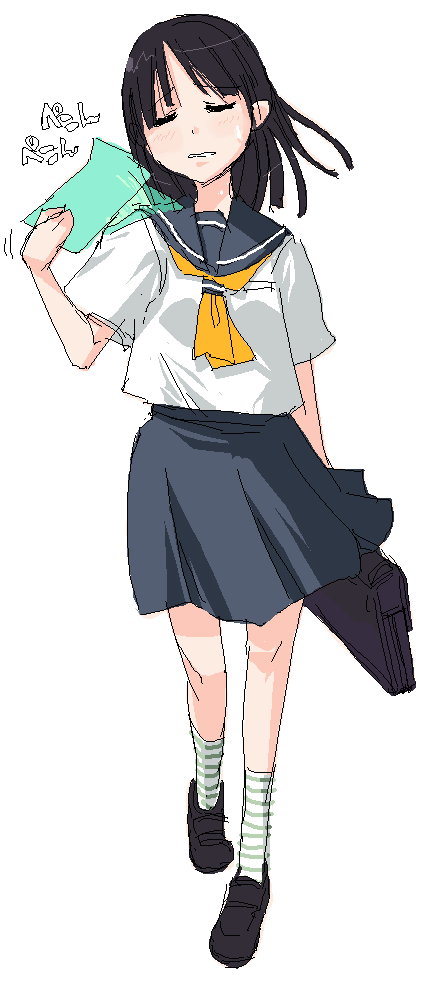 onija tarou, 1girl, briefcase, female focus, full body, oekaki, school briefcase, school uniform, serafuku, simple background, skirt, socks, solo, standing, striped clothes, striped socks, white background