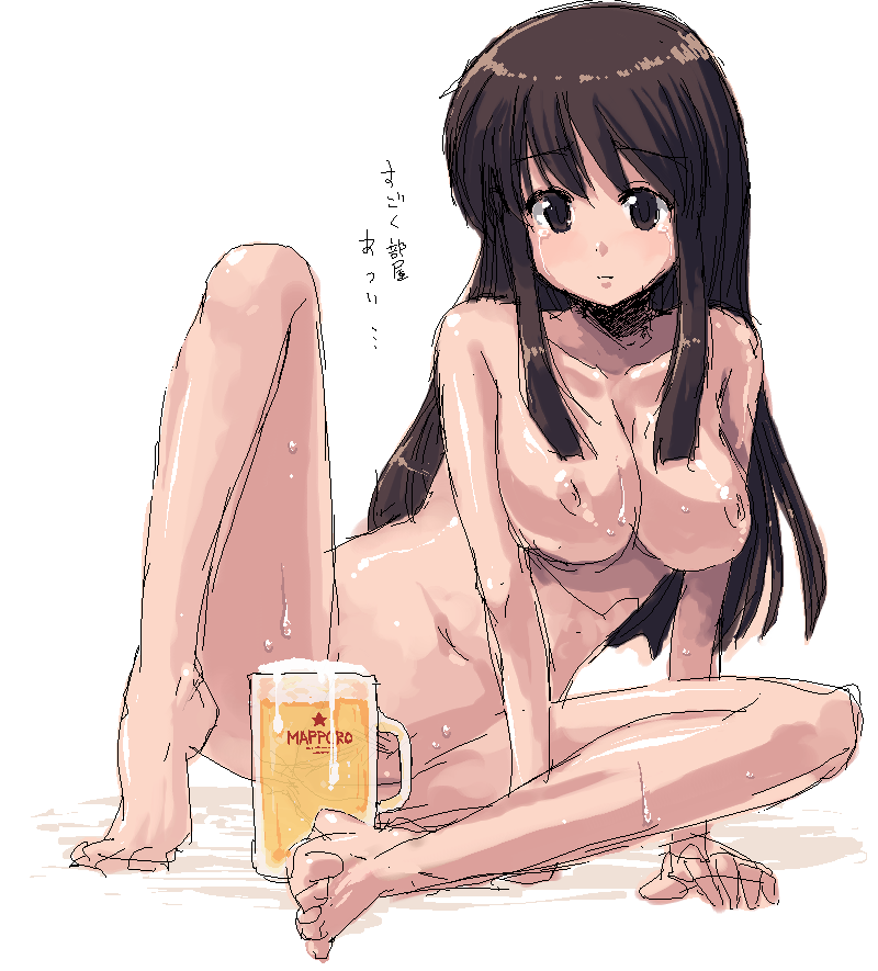 onija tarou, translated, 1girl, alcohol, beer, completely nude, cup, female focus, leaning to the side, mug, navel, nipples, nude, oekaki, simple background, sitting, sketch, solo, white background