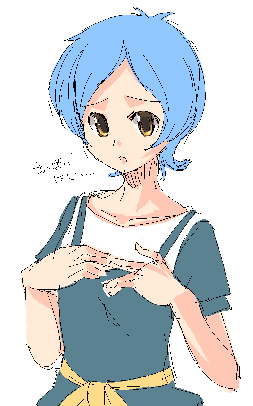 onija tarou, kurenai sayaka, okusama wa mahou shoujo, translation request, 00s, 1girl, :o, blue hair, female focus, flat chest, oekaki, open mouth, sash, short hair, simple background, sketch, solo, yellow eyes