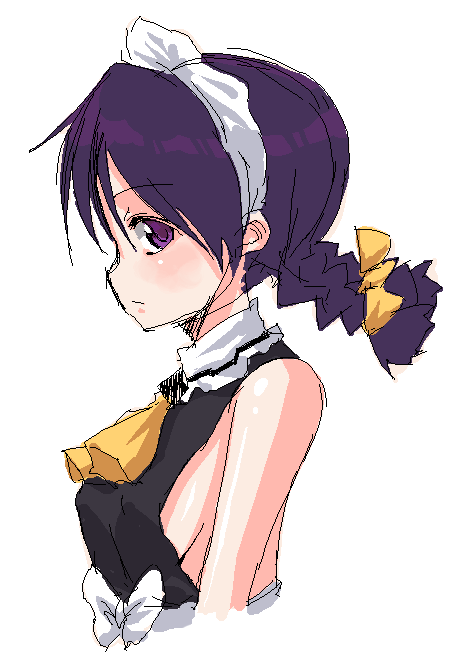 onija tarou, 1girl, breasts, female focus, oekaki, purple eyes, purple hair, sideboob, small breasts, solo, waitress