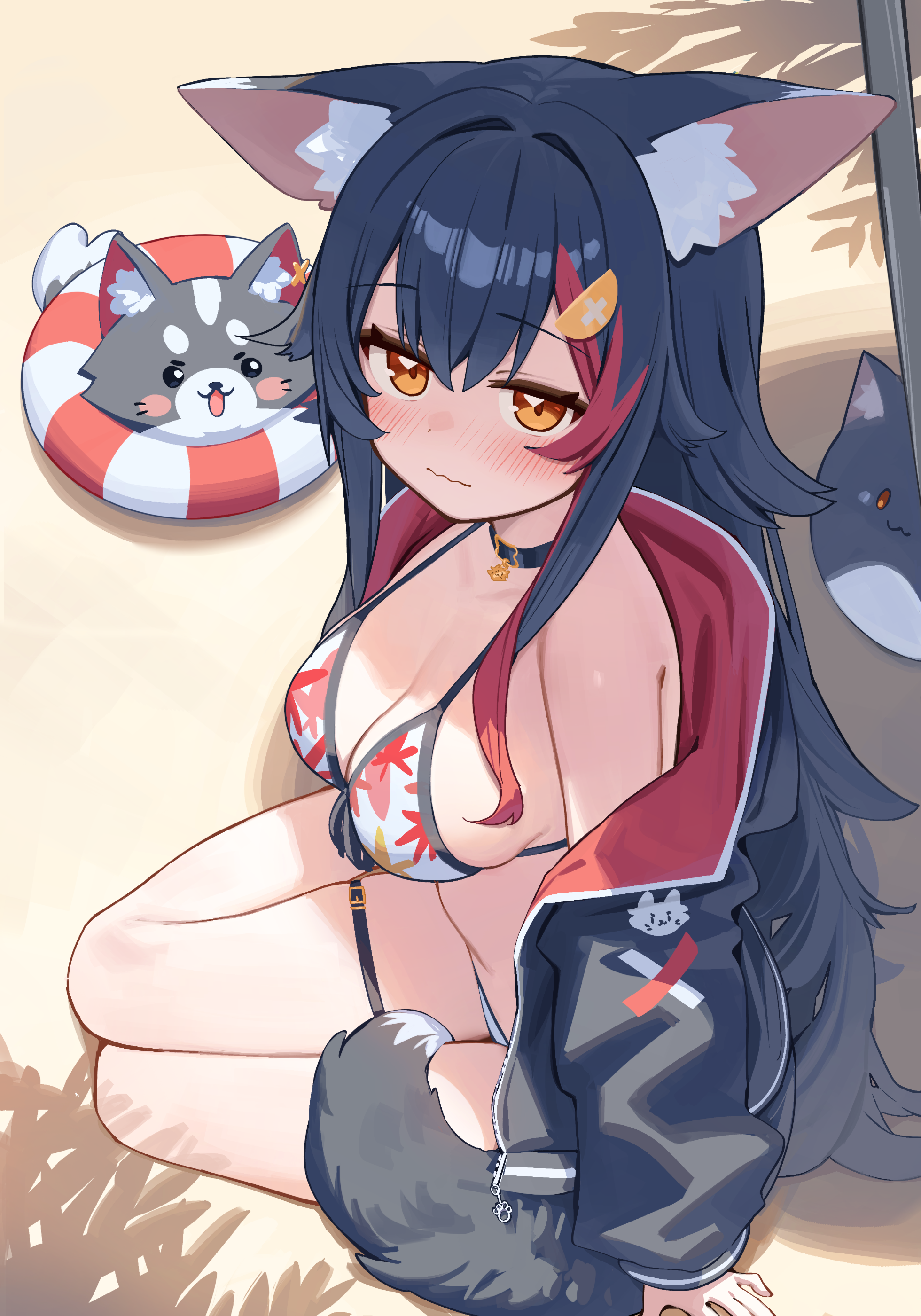 verdey, miofa (ookami mio), ookami mio, ookami mio (hololive summer 2019), hololive, absurdres, commentary request, highres, 1girl, animal ear fluff, animal ears, beach, bikini, black choker, black hair, black jacket, breasts, choker, cleavage, closed mouth, day, double-parted bangs, flipped hair, front-tie bikini top, front-tie top, hair between eyes, hair ornament, hairclip, hood, hooded jacket, jacket, jacket over swimsuit, large breasts, leaf print, long hair, looking at viewer, multicolored hair, off shoulder, official alternate costume, outdoors, print bikini, red hair, sidelocks, sitting, solo, spiked hair, streaked hair, swimsuit, tail, tail around own leg, two-sided fabric, two-sided jacket, very long hair, virtual youtuber, wavy mouth, white bikini, wolf ears, wolf girl, wolf tail, yellow eyes, yokozuwari