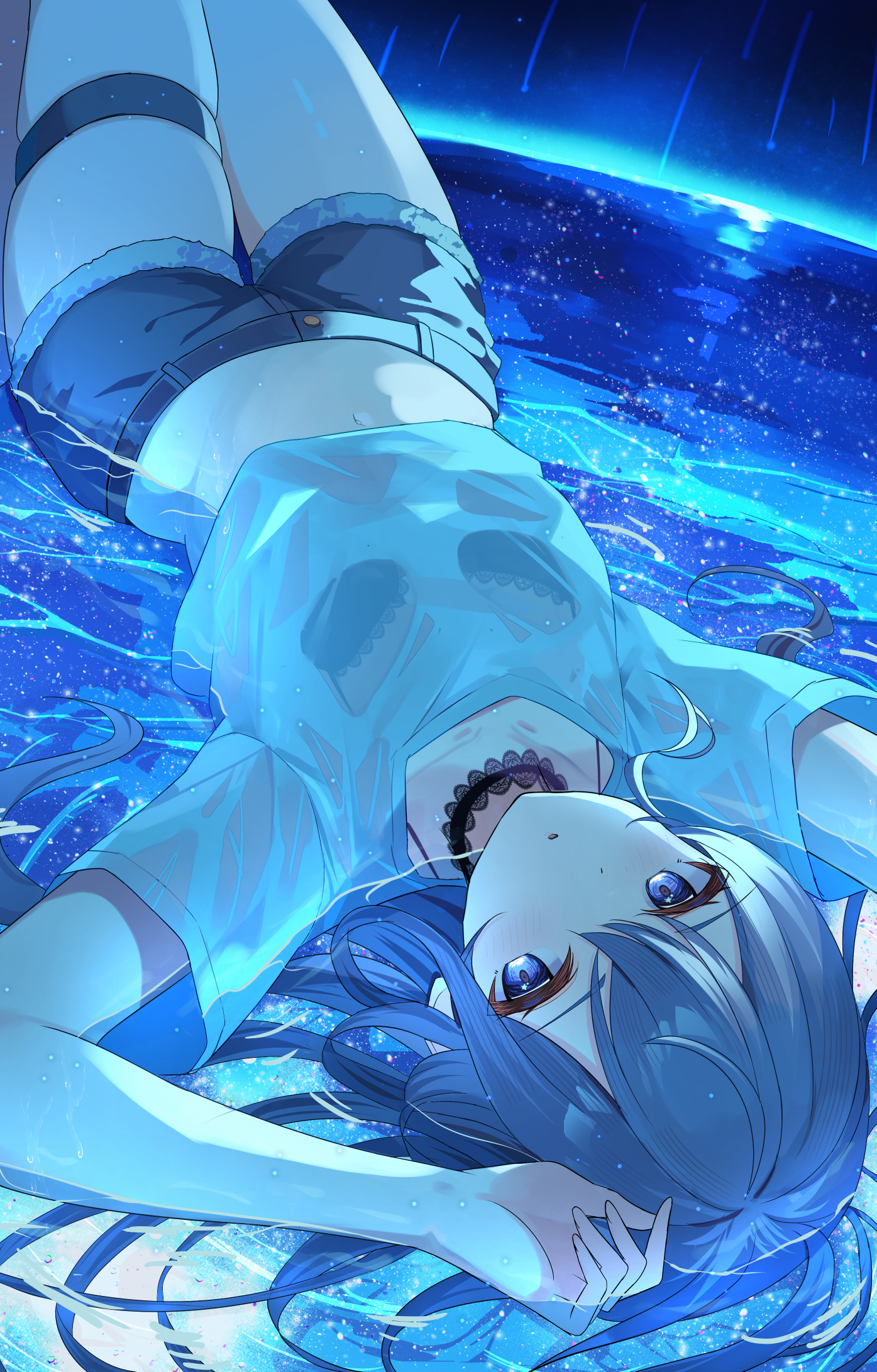 adju ster, hoshimachi suisei, hololive, highres, 1girl, alternate costume, black bra, blue eyes, blue hair, blue shorts, blue theme, bra, bra visible through clothes, cropped shirt, denim, denim shorts, long hair, looking at viewer, navel, see-through clothes, see-through shirt, shirt, shorts, skindentation, solo, underwear, upside-down, virtual youtuber, wet, white shirt