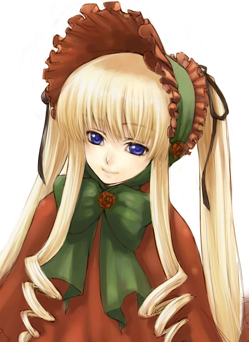 yuuryuu nagare, shinku, rozen maiden, 00s, 1girl, blonde hair, blue eyes, bonnet, bow, capelet, dress, female focus, flower, long hair, rose, smile, solo, twintails, very long hair