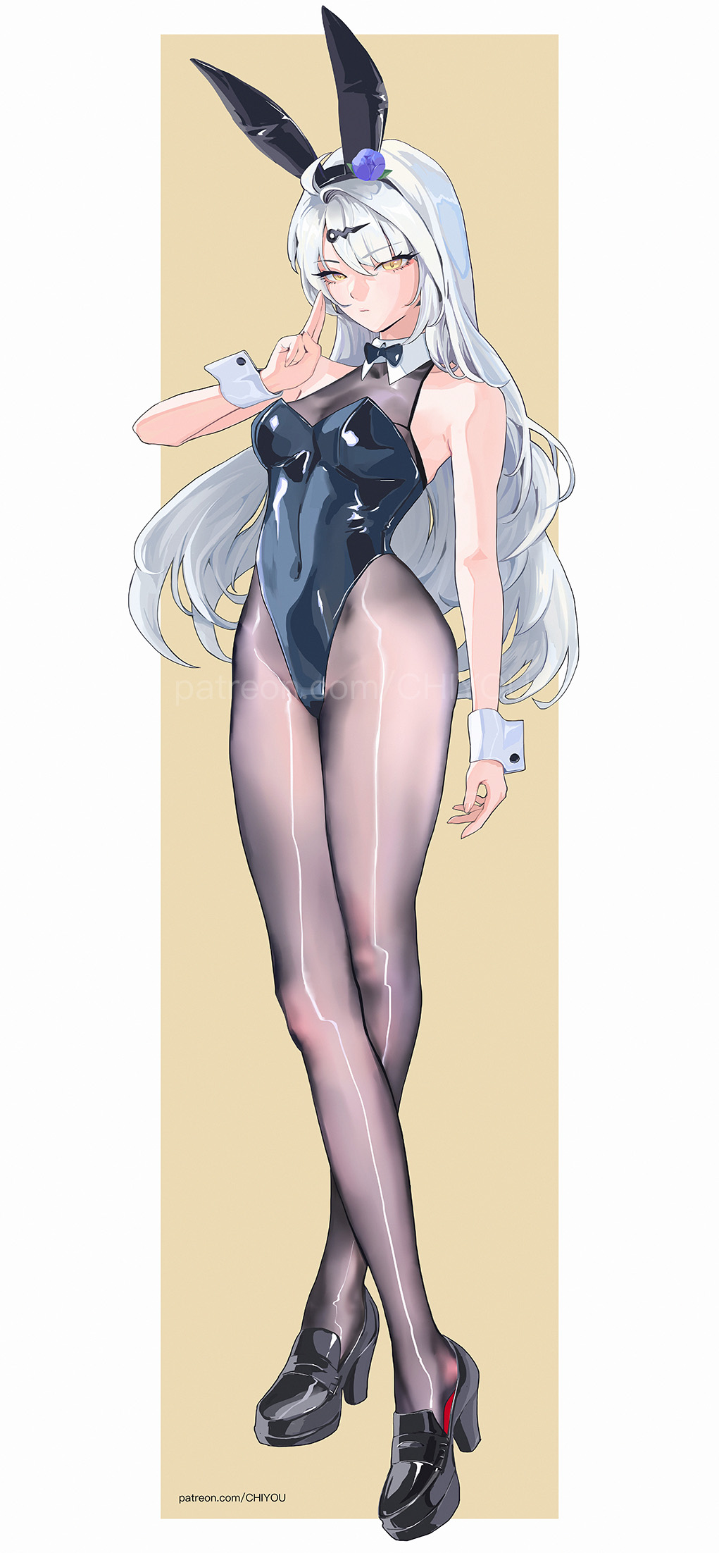 amatiz, yixuan (zenless zone zero), zenless zone zero, highres, 1girl, ahoge, animal ears, bare shoulders, black bow, black bowtie, black leotard, black pantyhose, bow, bowtie, breasts, collarbone, detached collar, fake animal ears, flower, grey hair, hair flower, hair ornament, high heels, leotard, long hair, looking at viewer, medium breasts, pantyhose, playboy bunny, rabbit ears, skin tight, solo, standing, very long hair, wrist cuffs, yellow eyes