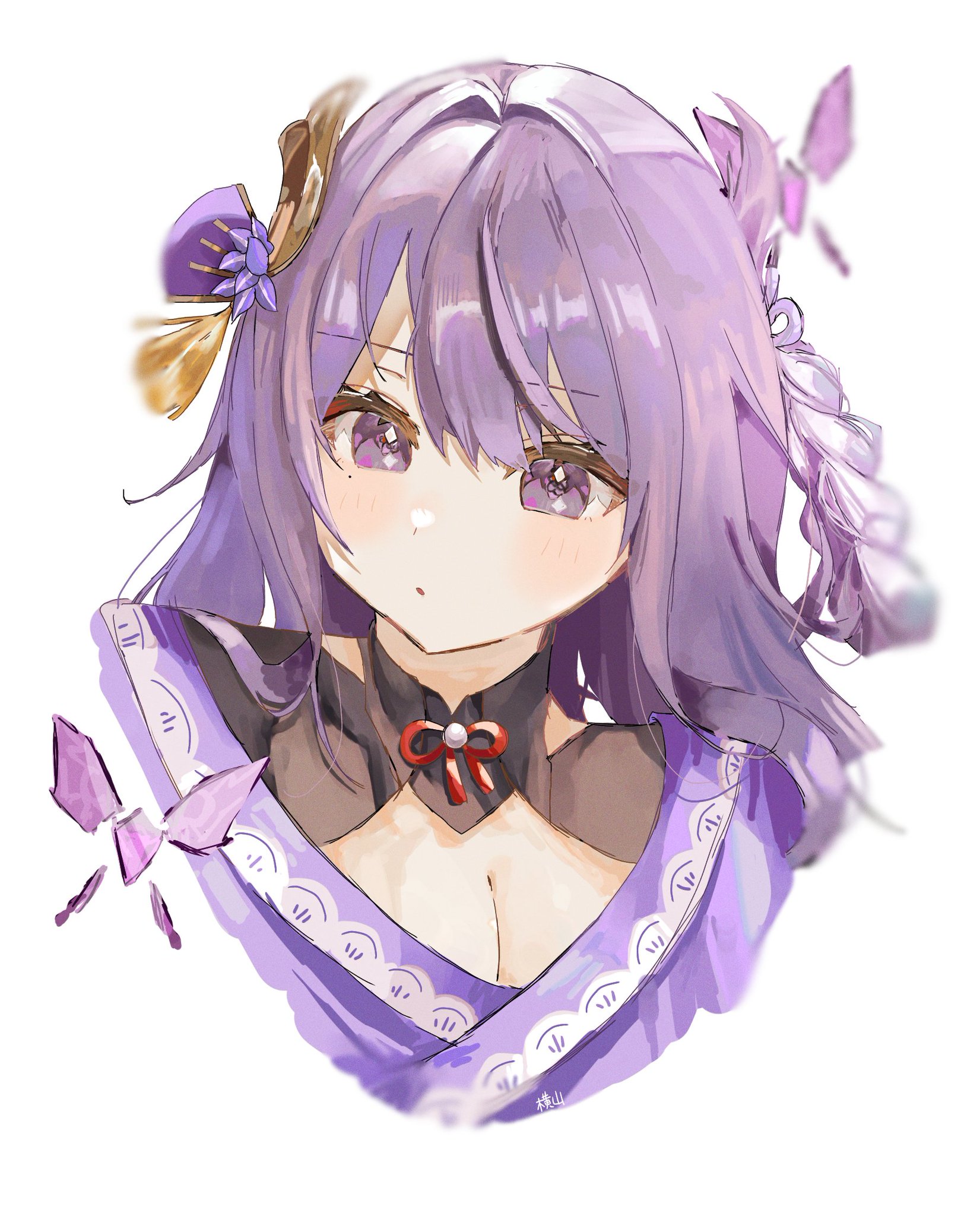 arisaka129, raiden shogun, genshin impact, commentary request, highres, 1girl, blunt bangs, breasts, bridal gauntlets, cleavage, clothing cutout, fan hair ornament, flower, flower ornament, hair ornament, head tilt, japanese clothes, kimono, large breasts, light blush, long hair, looking to the side, mole, mole under eye, neck ribbon, off shoulder, parted lips, purple eyes, purple flower, purple hair, purple kimono, red ribbon, ribbon, shoulder cutout, simple background, solo, upper body, white background