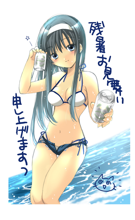 izumi rei, tohno akiha, original, tsukihime, 00s, alcohol, beer, bikini, short shorts, shorts, side-tie bikini bottom, solo, swimsuit, white bikini