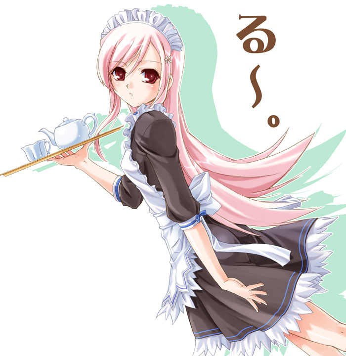 urase shioji, lucy maria misora, to heart (series), to heart 2, pot, 00s, 1girl, apron, cup, female focus, frills, hair ornament, long hair, looking back, maid, maid apron, maid headdress, pink hair, skirt, solo, teacup, waitress
