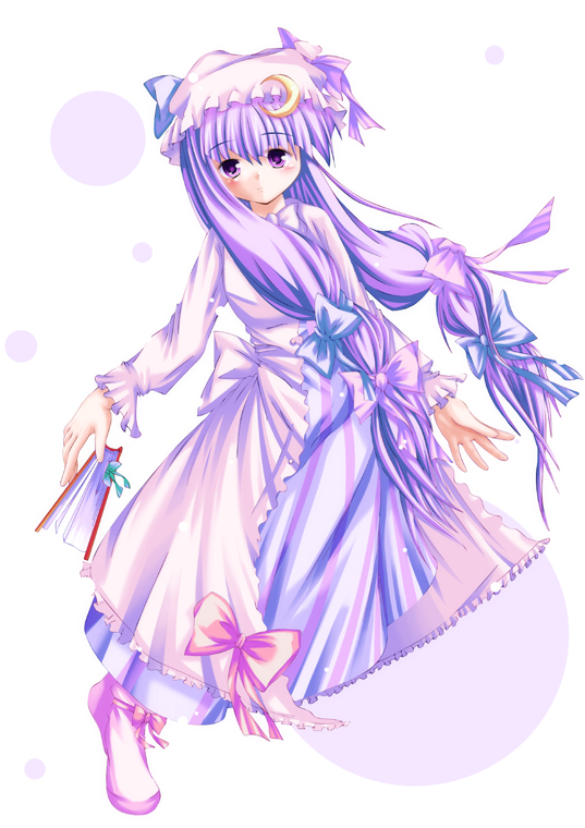 patchouli knowledge, touhou, 1girl, book, bow, crescent, crescent hair ornament, female focus, hair bow, hair ornament, hat, long hair, low-tied long hair, pink bow, purple eyes, purple hair, simple background, solo, white background