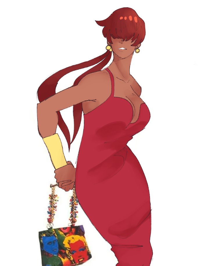 1shermieaday, shermie (kof), the king of fighters, 1girl, bag, breasts, curvy, dark-skinned female, dark skin, dress, earrings, female focus, huge breasts, jewelry, large breasts, long hair, ponytail, red dress, red hair, standing, tan, thick thighs, thighs, twintails, wide hips