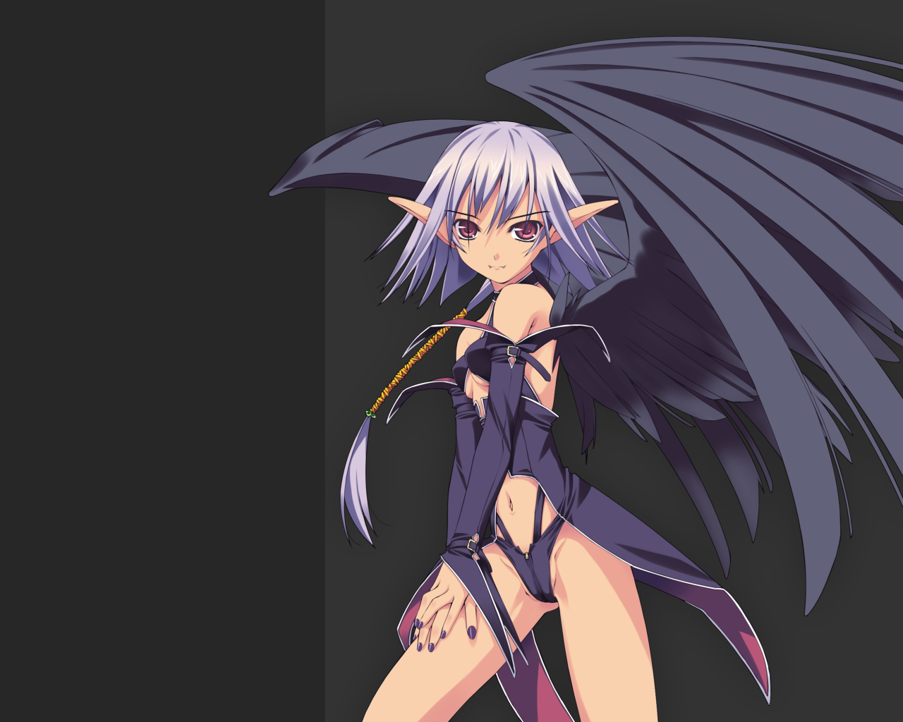 murakami suigun, f-ism, original, silver hair, 1girl, black background, black wings, breasts, demon girl, female focus, grey background, hair between eyes, oversized wings, panties, pointy ears, ponytail, red eyes, short hair, small breasts, solo, underwear, wings, zipper