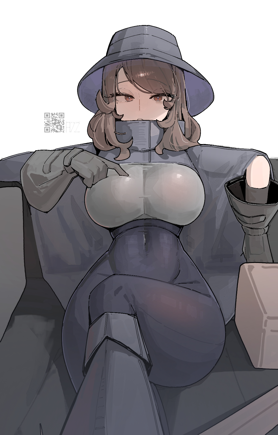 azz0422, original, black bodystocking, highres, 1girl, black cape, black gloves, black hat, breasts, brown hair, cape, covered navel, eyebrows hidden by hair, gloves, hand on own chest, hat, large breasts, looking at viewer, medium hair, mole, mole under eye, open mouth, poking breast, qr code, red eyes, simple background, sitting, skin tight, solo, white background