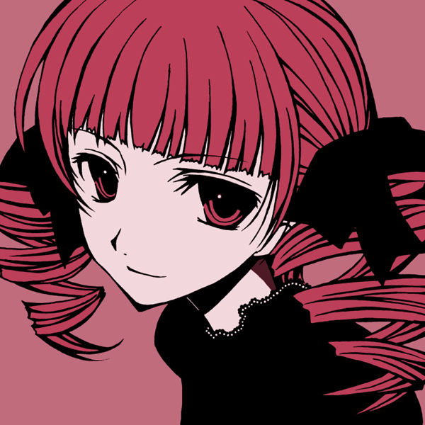 clockwork lovers, matsudaira touko, maria-sama ga miteru, 00s, 1girl, drill hair, female focus, hair ribbon, head tilt, looking at viewer, portrait, red eyes, red hair, red theme, ribbon, short hair, smile, solo, twintails