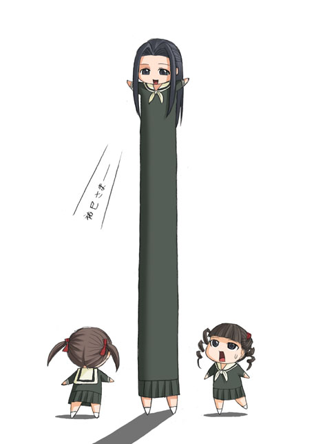 katwu (gensou ninja yashiki), fukuzawa yumi, hosokawa kanako, matsudaira touko, maria-sama ga miteru, translated, 3girls, chibi, chibi only, height difference, longcat (meme), looking up, meme, multiple girls, parody, school uniform, serafuku, simple background, standing, sweatdrop, twintails