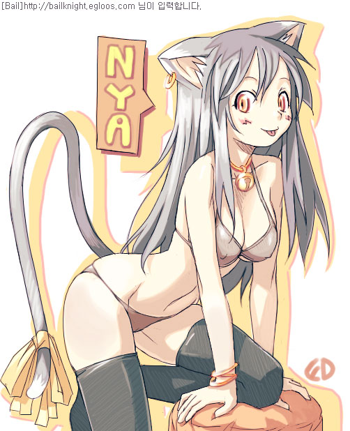 bailknight, 1girl, animal ears, bell, bikini, black thighhighs, cat ears, cat tail, earrings, female focus, grey hair, jewelry, jingle bell, korean text, long hair, red eyes, ribbon, solo, swimsuit, tail, tail ornament, tail ribbon, thighhighs