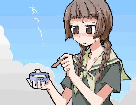 dai-oki, shimazu yoshino, maria-sama ga miteru, lowres, 00s, 1girl, blush, braid, brown hair, collarbone, female focus, sailor collar, solo, sweat, twin braids