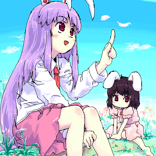 sys (suisei), inaba tewi, reisen udongein inaba, touhou, lowres, 2girls, :d, :o, amulet, animal ears, barefoot, between thighs, black hair, blush stickers, cherry blossoms, cloud, day, dress, dress shirt, female focus, flower, grass, knees together feet apart, long hair, miniskirt, multiple girls, necktie, oekaki, open mouth, outdoors, petals, pink dress, purple eyes, purple hair, rabbit ears, red necktie, shirt, short hair, sidelocks, sitting, skirt, sky, smile, very long hair, wariza