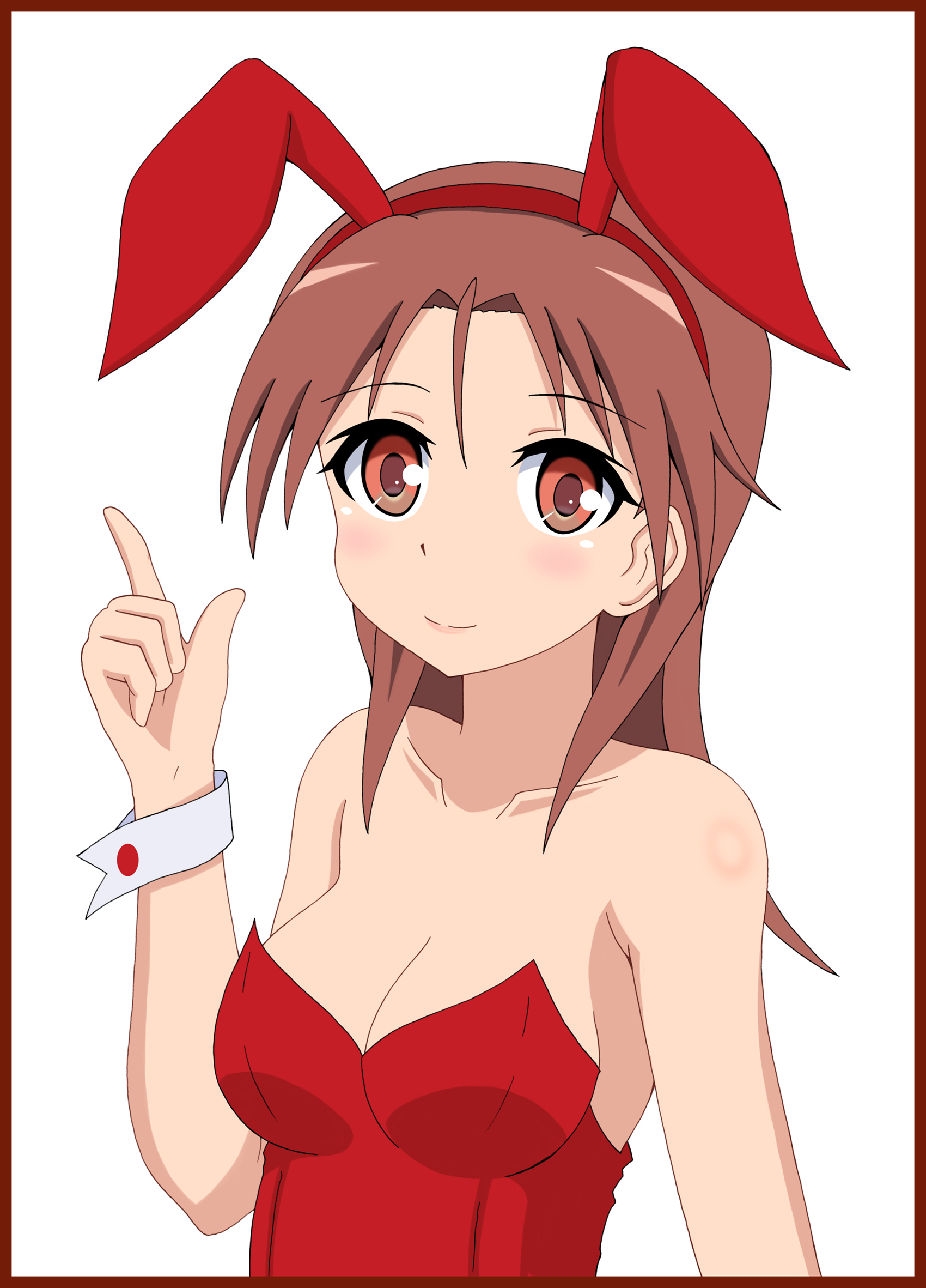 bertsr, minna-dietlinde wilcke, strike witches, world witches series, highres, 1girl, alternate costume, braid, breasts, leotard, long hair, looking at viewer, medium breasts, playboy bunny, red eyes, red hair, red leotard, single braid, smile, solo, upper body, white background, wrist cuffs