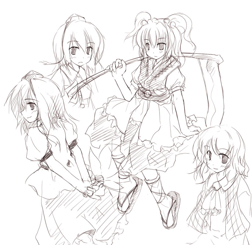 yukitarou (awamori), kazami yuuka, onozuka komachi, shameimaru aya, touhou, 3girls, ascot, female focus, greyscale, hand fan, hat, holding, holding fan, monochrome, multiple girls, plaid clothes, plaid vest, sandals, scythe, sitting, sketch, tokin hat, vest, zouri