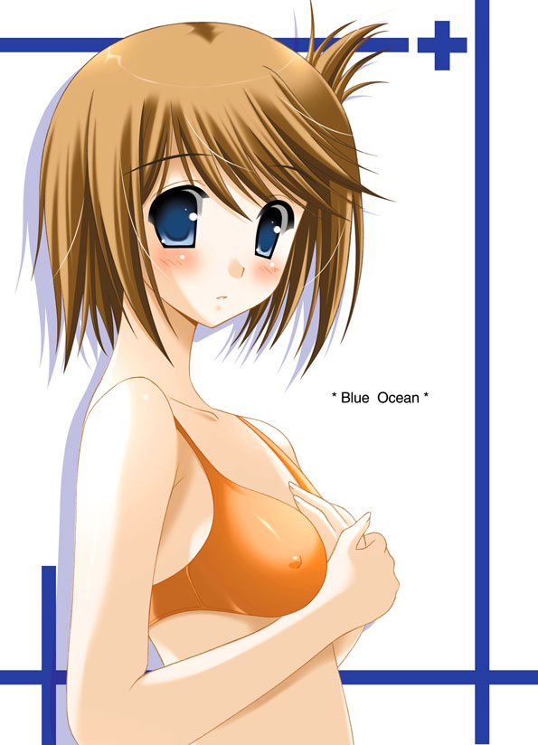 oda ken'ichi, komaki manaka, to heart (series), to heart 2, 00s, 1girl, bikini, blue eyes, blush, breasts, brown hair, covered erect nipples, female focus, folded ponytail, medium breasts, orange bikini, short hair, solo, swimsuit