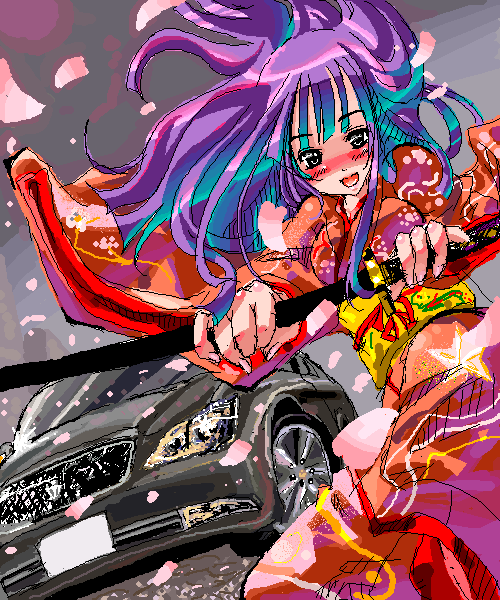 kaneru 2, original, toyota, 1girl, blush, car, cherry blossoms, female focus, furisode, japanese clothes, katana, kimono, motor vehicle, obi, oekaki, petals, sash, solo, sword, toyota crown, weapon, yukata